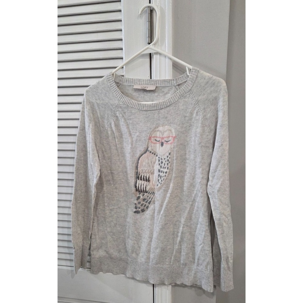 LOFT Crewneck Classy Owl Sweater Gray Small Pullover Knit Graphic